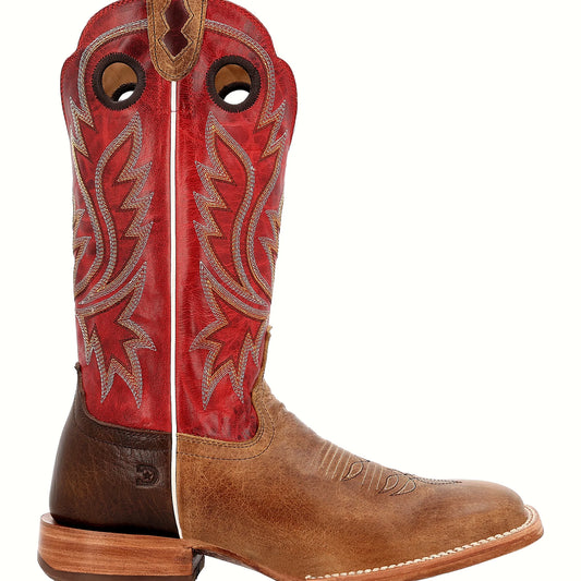 Square toe bison boot with a leather stacked stockman heel