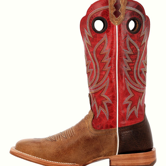 Full-grain bison western boot in sand tobacco and cayenne