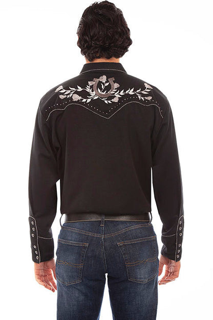Back of the black shirt showing the studded yoke perimeter and piping