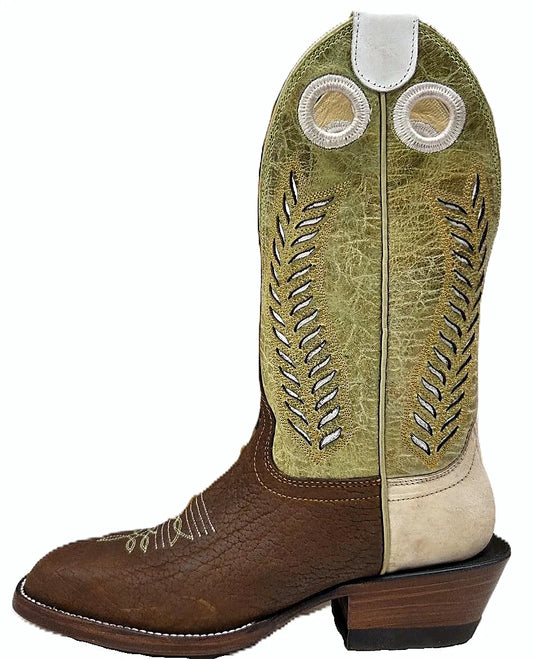 Two-tone western boot with honey bullhide vamp and lime crater top
