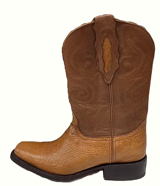 Ostrich belly western boot showing the tiled pattern of the skin
