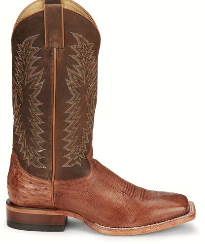 Two-tone ostrich cowboy boot with a wide square toe