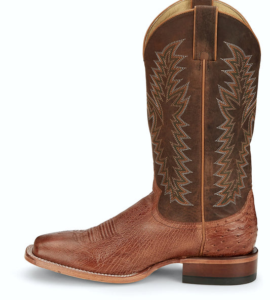 Smooth ostrich western boot with a cognac vamp and walnut brown upper